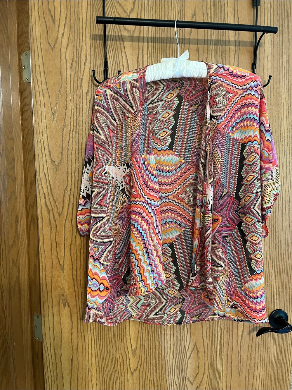 Women's Sheer Printed Open Front Kimono Cardigan - Pink Multi Size Small